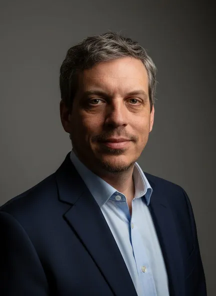 Portrait de Maître Marc Montagnier, en veste bleu marine et chemise bleu clair.